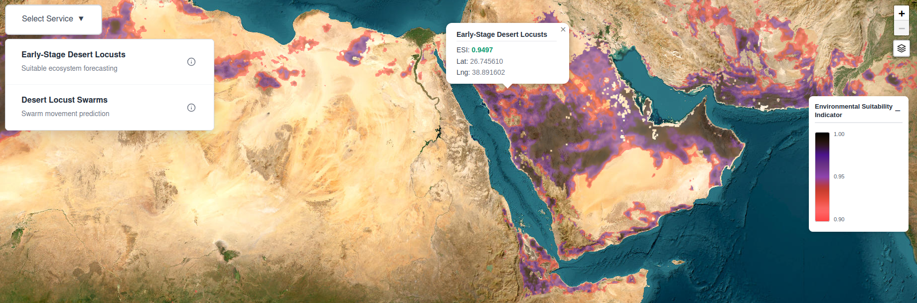 Example output of early stage locust appearance service over the Horn of Africa.
