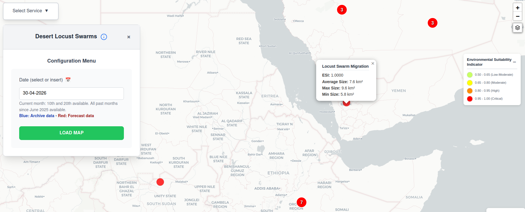Example output of locust swarm migration service over the North Africa.