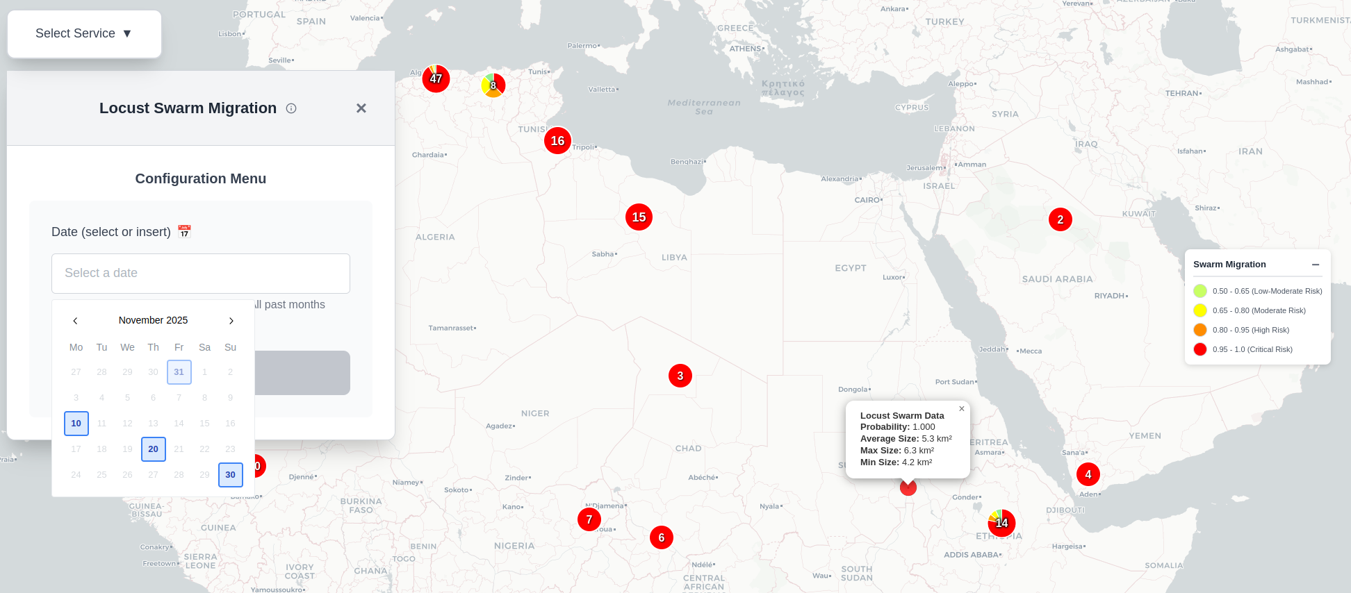 Example output of locust swarm migration service over the North Africa.