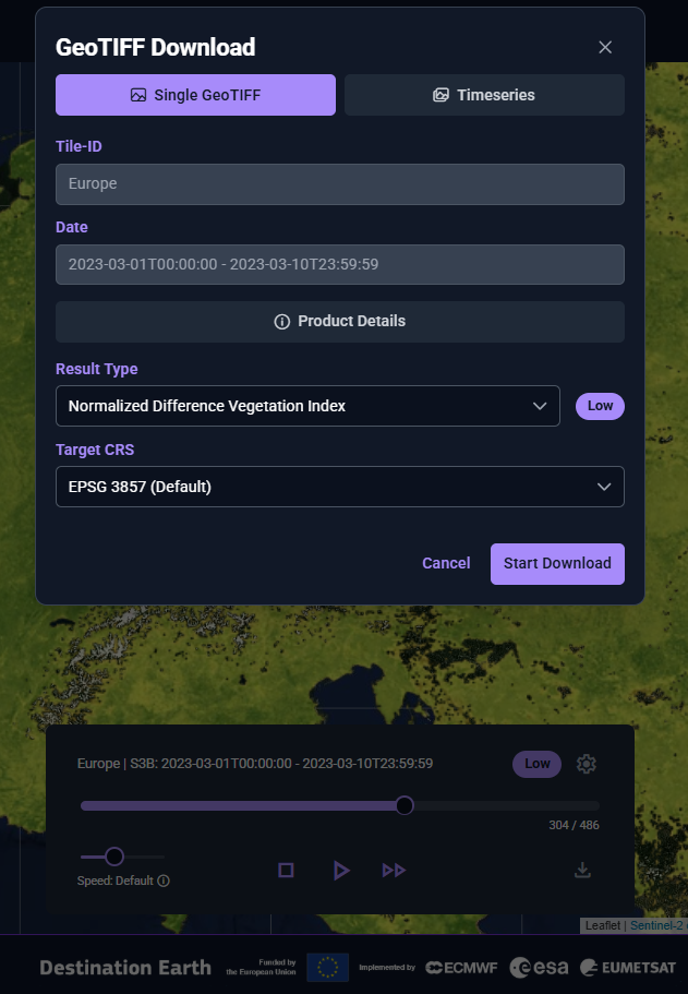 Stream Controls Sentinel 3 Download Dialog