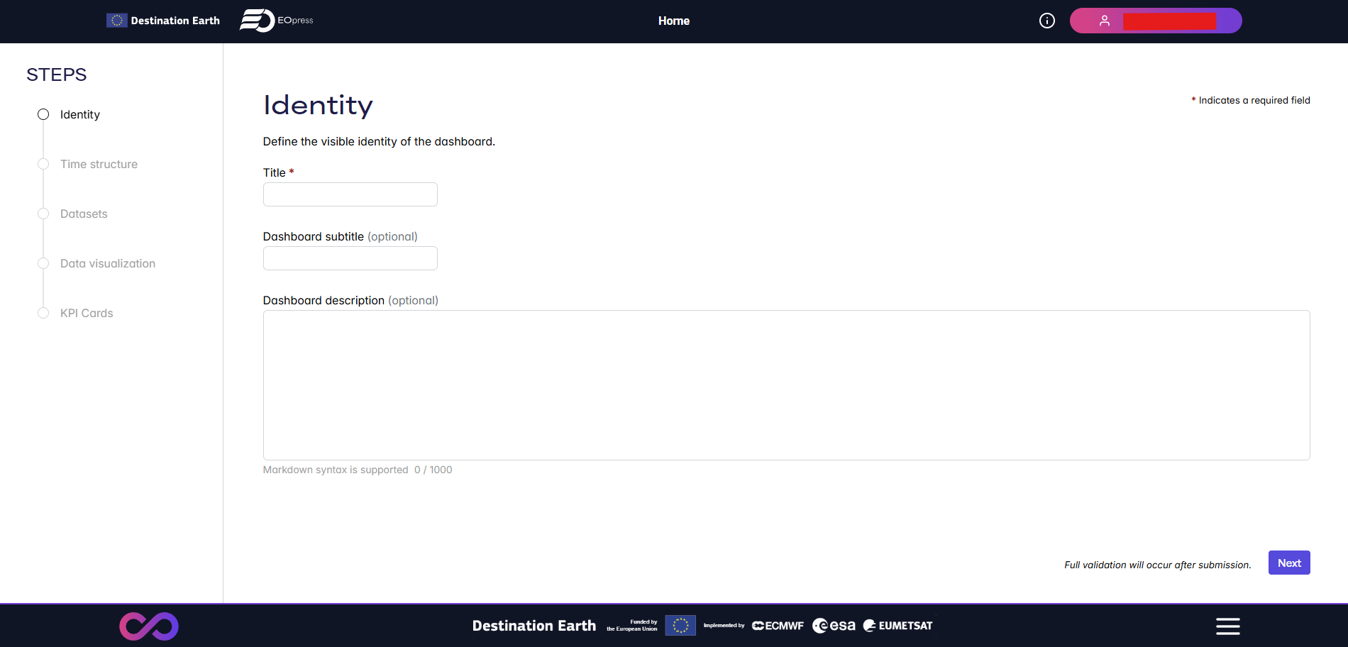 Identity step — title and description fields