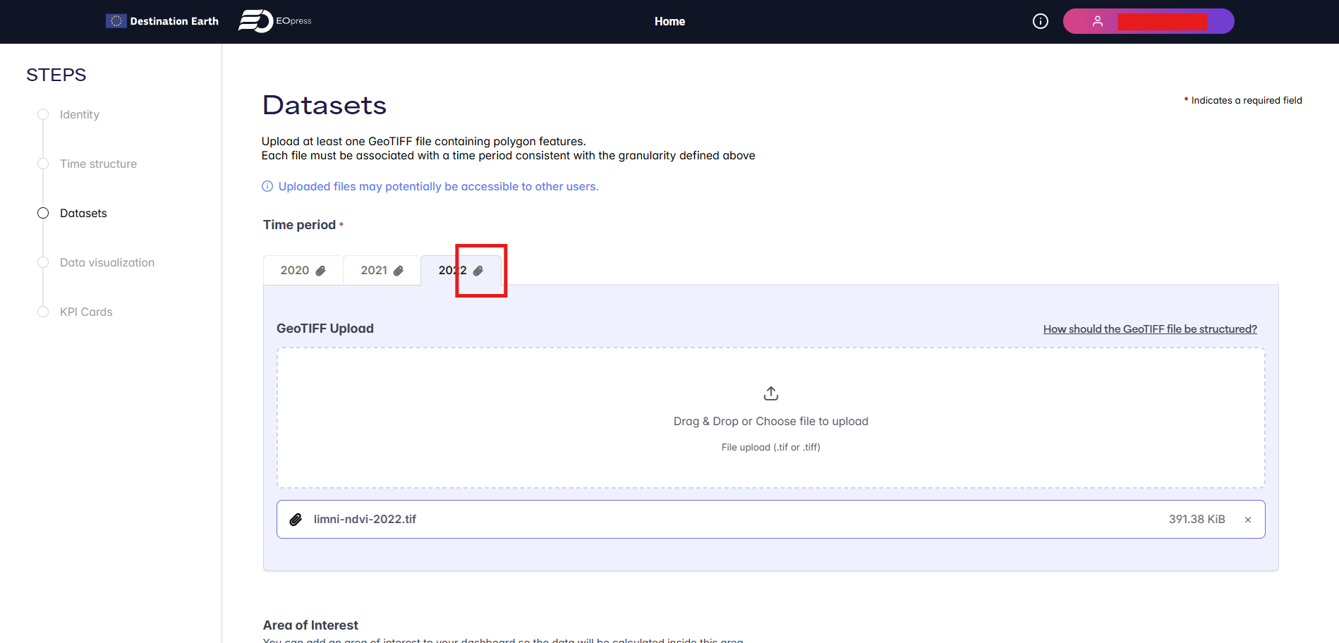 Datasets step — GeoTIFF upload per time period