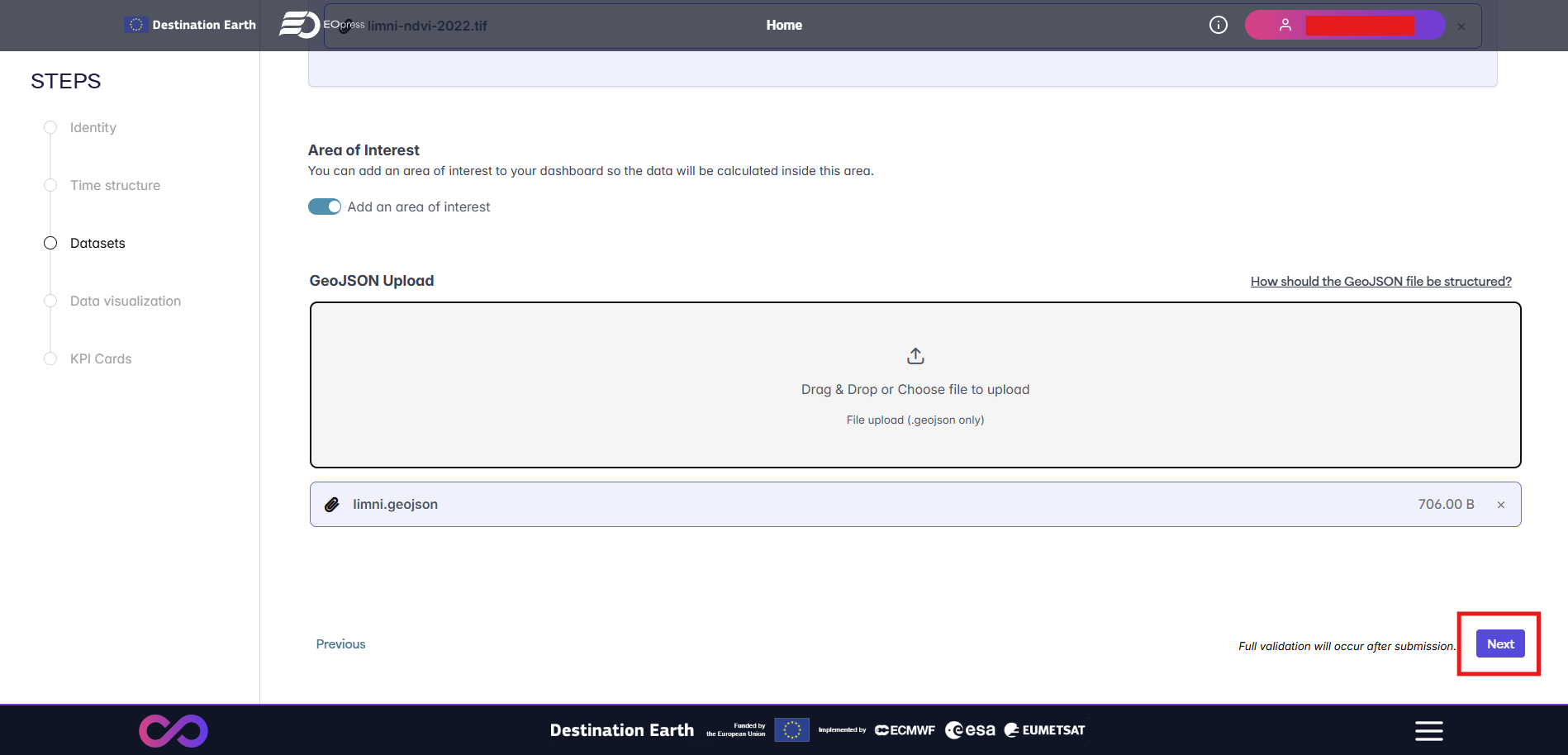 Datasets step — Area of interest GeoJSON upload