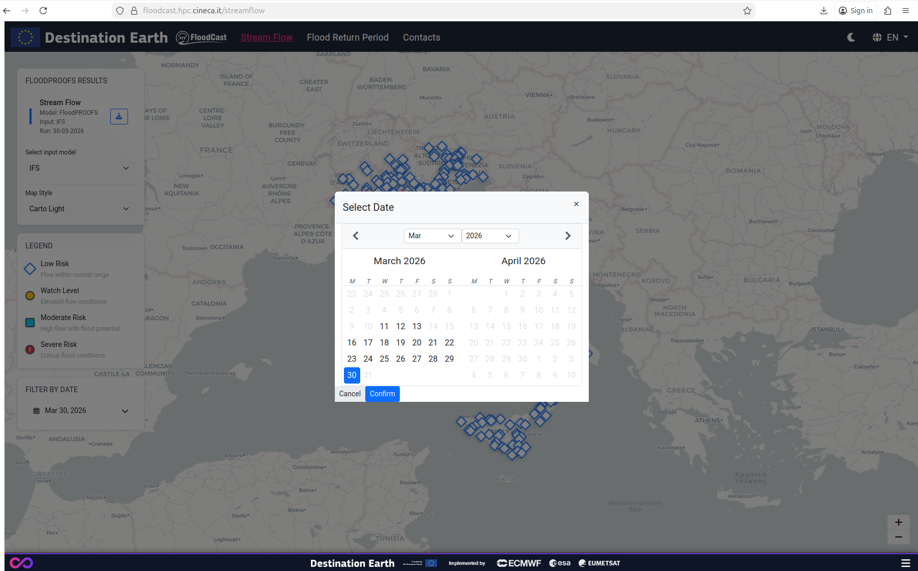 Date selector calendar with bold dates indicating available forecasts