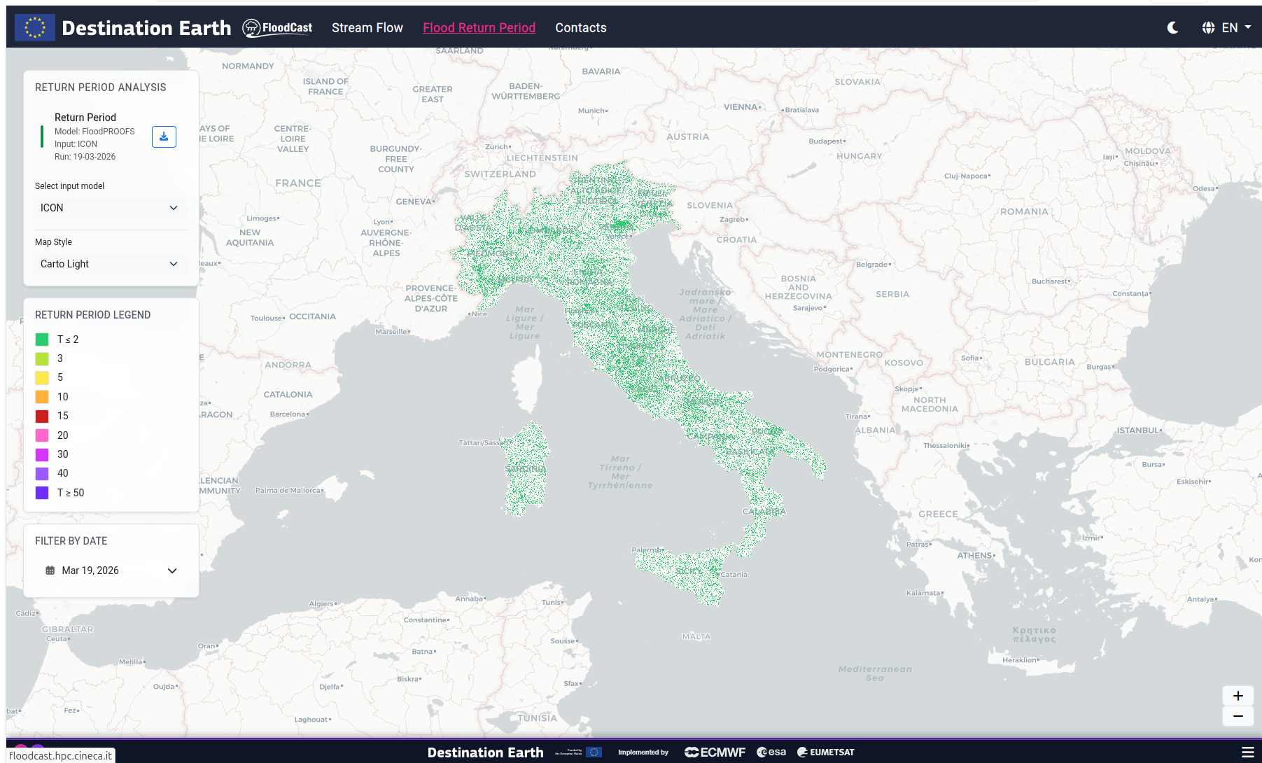 Return period map showing flood risk across Italian river network
