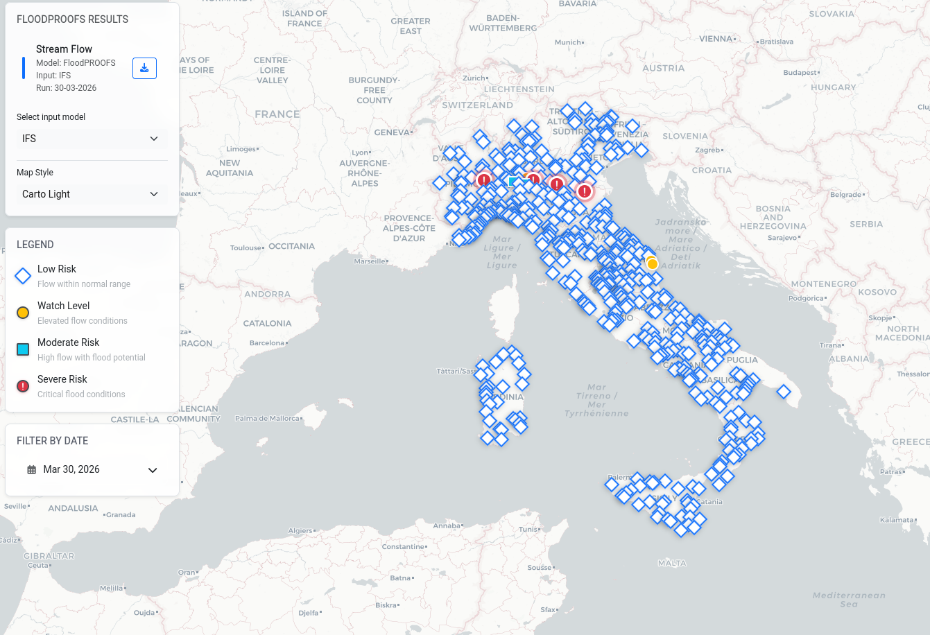 Streamflow map view showing river sections across Italy