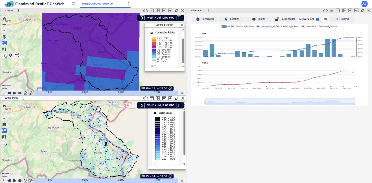 FloodMind GeoWeb workspace showing a historical event in Limburg