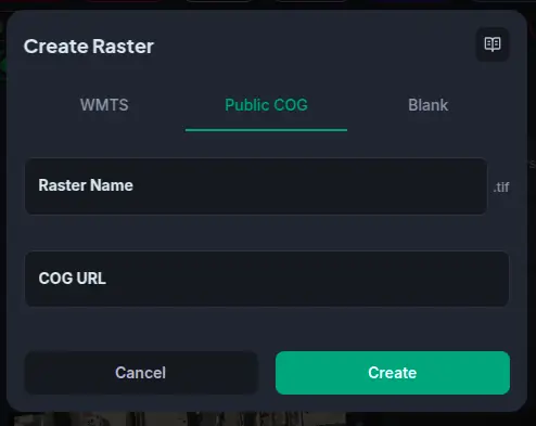 Public COG creation dialog — paste a public COG URL and confirm
