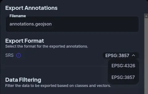 Export Format section — CRS selector