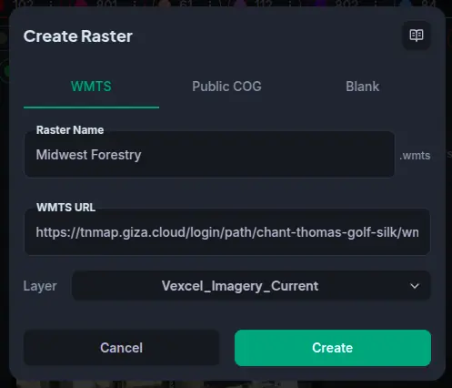 WMTS creation dialog — enter the service URL and layer name