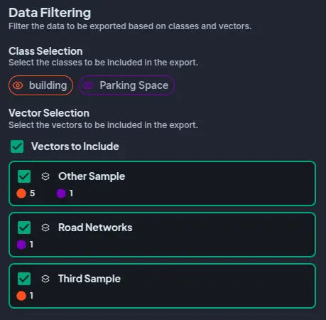 Data Filtering section — class and vector layer selectors
