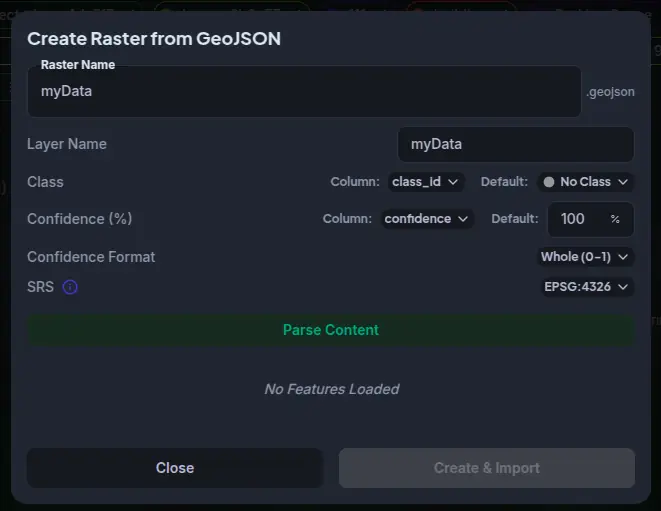 GeoJSON drop confirmation dialog — configure and confirm the name