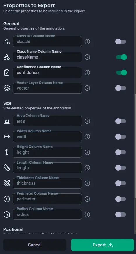 Properties to Export section — toggle and rename individual fields