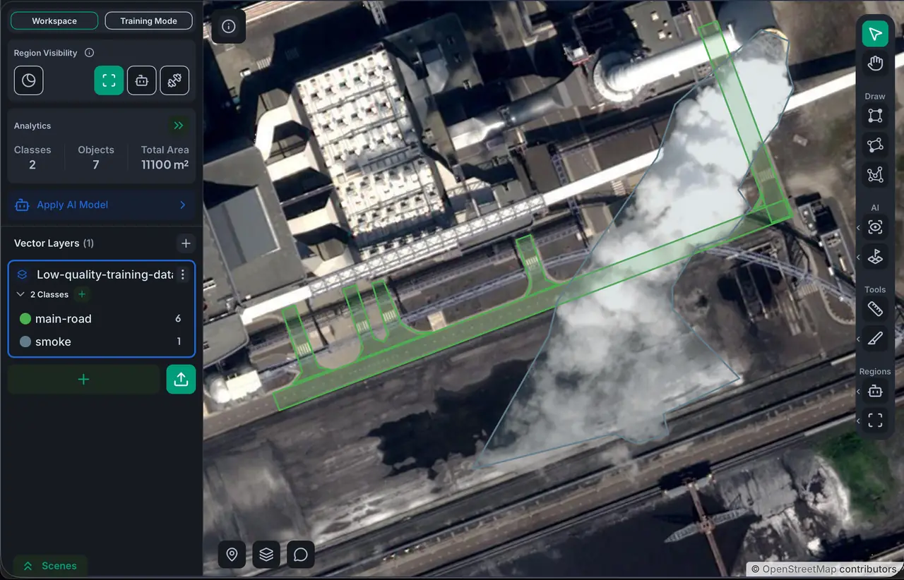 Bad segmentation annotation: a single smoke polygon drawn over a scene where it overlaps with the road polygons