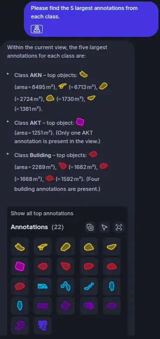 Result: ranked table of the largest annotations by class