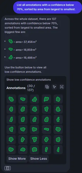 Result: table of low-confidence detections sorted by area descending