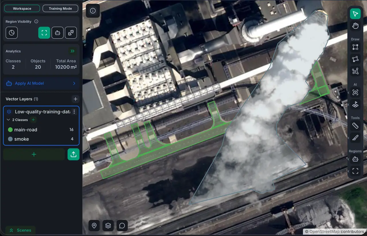 Good segmentation annotation: smoke and road drawn as separate non-overlapping polygons