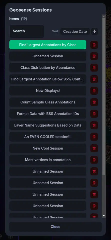 GeoSense session browser panel