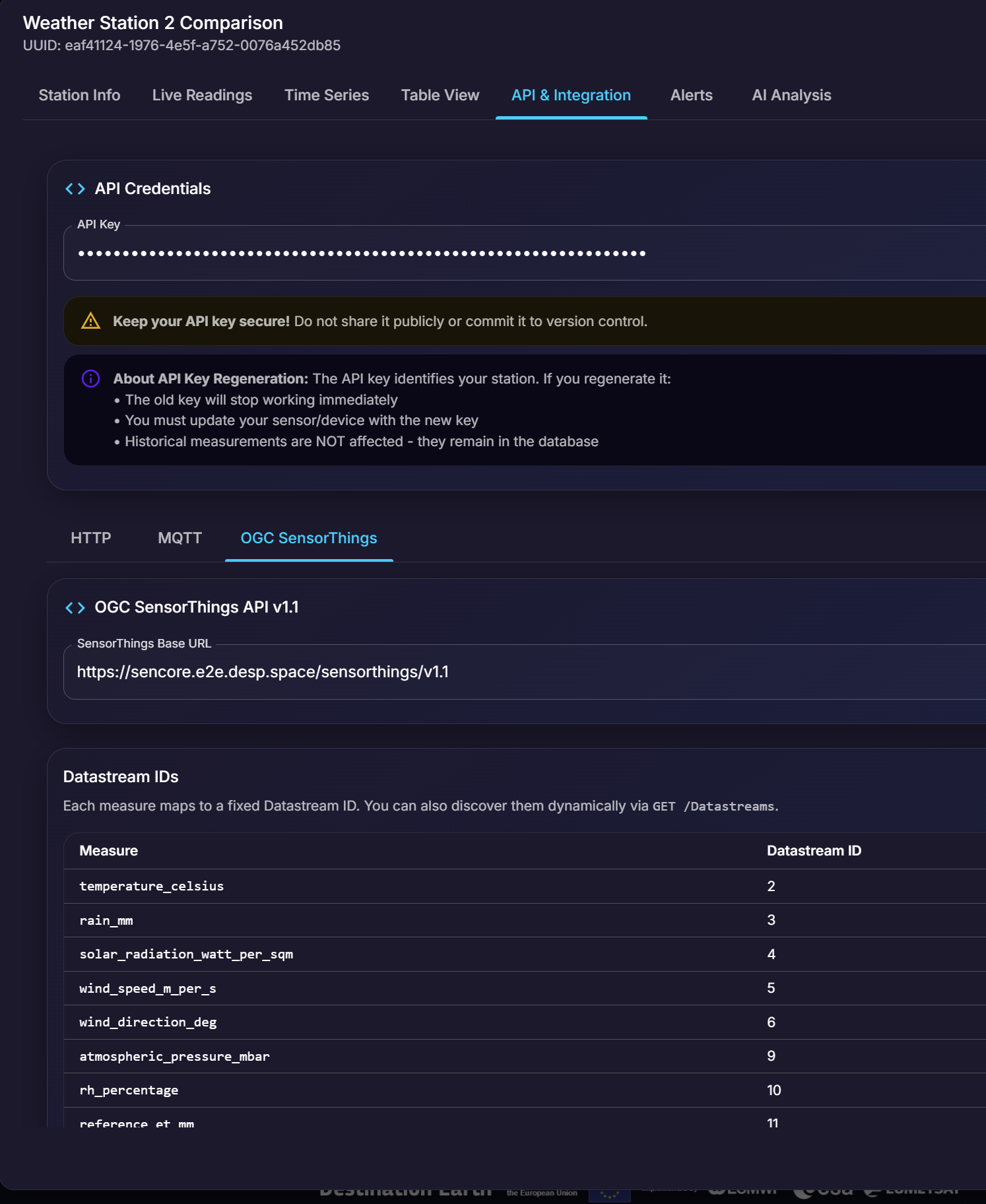 OGC SensorThings API integration tab showing endpoint and datastream mappings