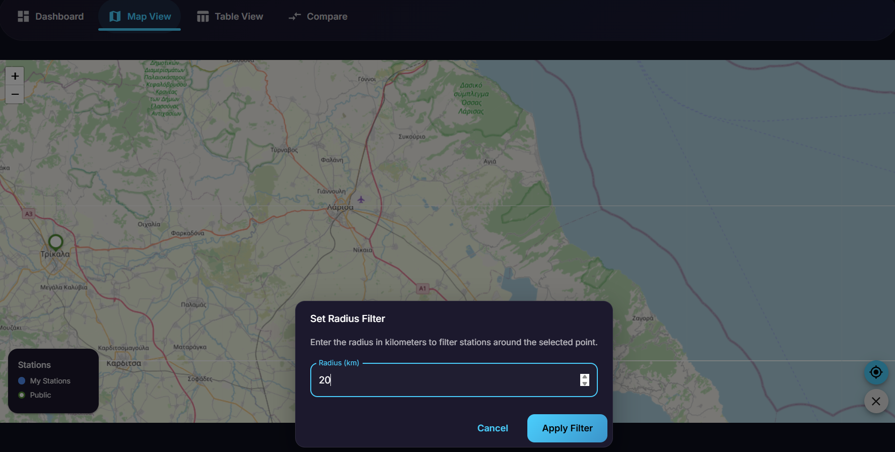 Setting the radius filter distance in kilometers
