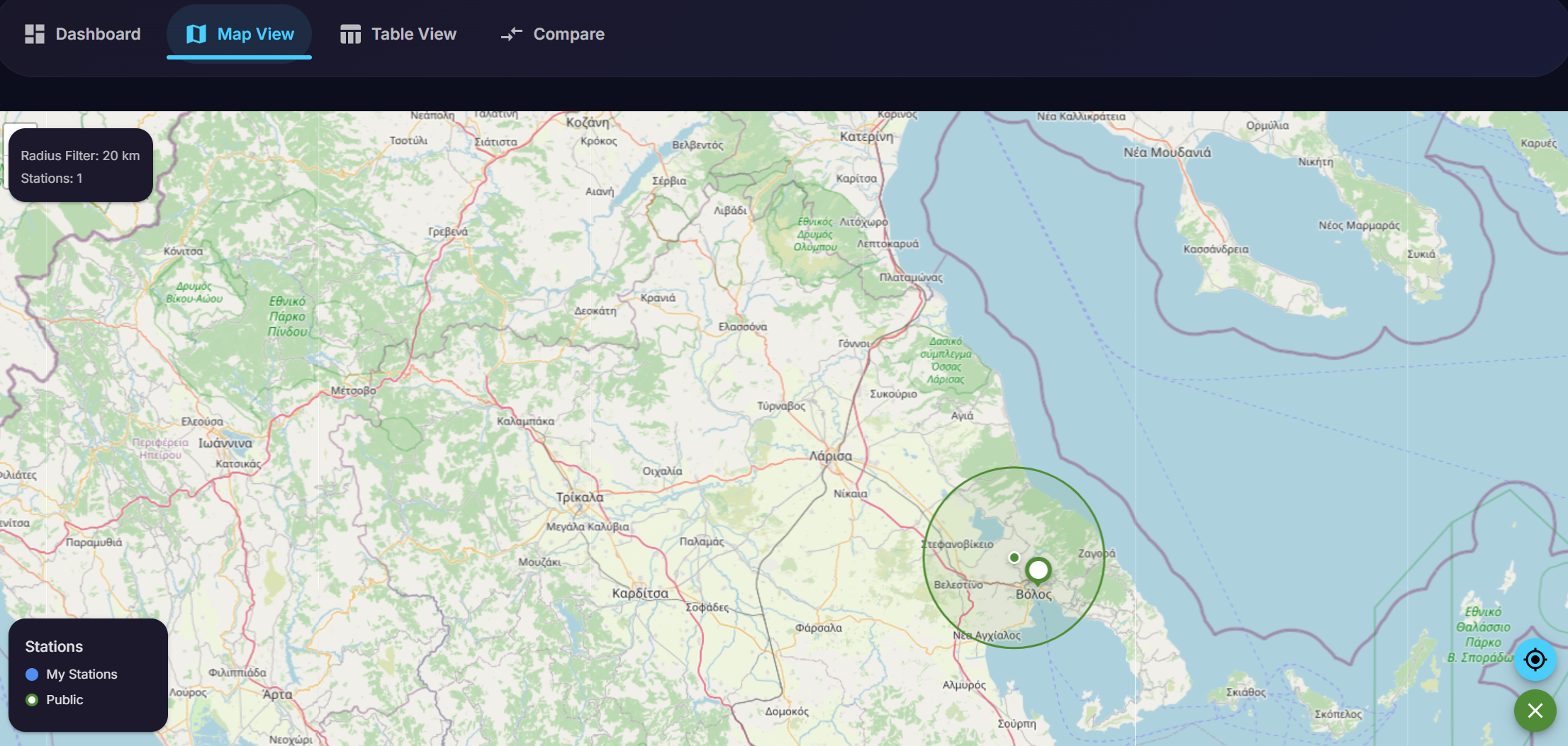 Map view with active radius filter showing filtered stations